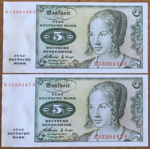 Ⓜ️ 2 x 5 D-Mark ☘️ 2.Januar 1960 💥 DM Schein Bundesbank 🍄 B 3320446 & 47 B 🌐 - Bild 2 von 3