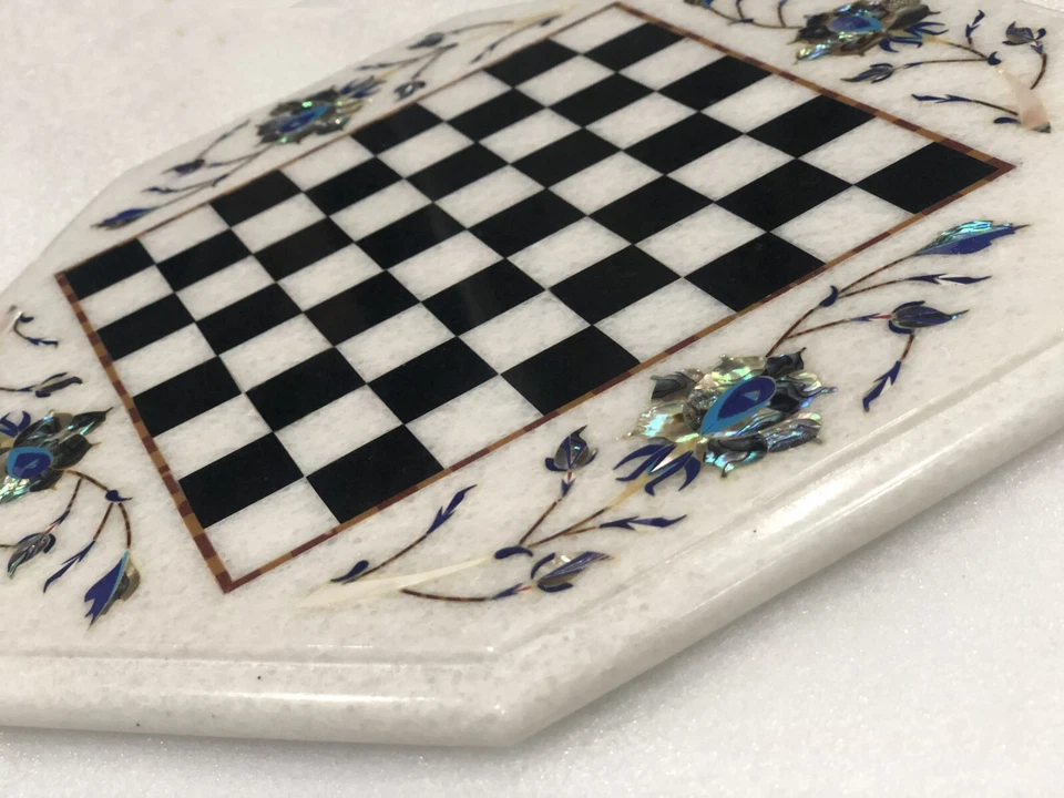 12" White Marble Chess Coffee Table Abalone Shell Floral Inlay Art Game Set Deco - Image 4 of 4
