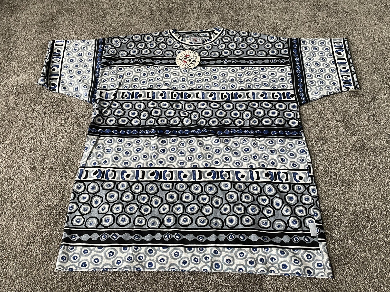 Vintage Art Shirt Mens XL Blue Geometric Survival Gear 90s USA Aztec Tribal