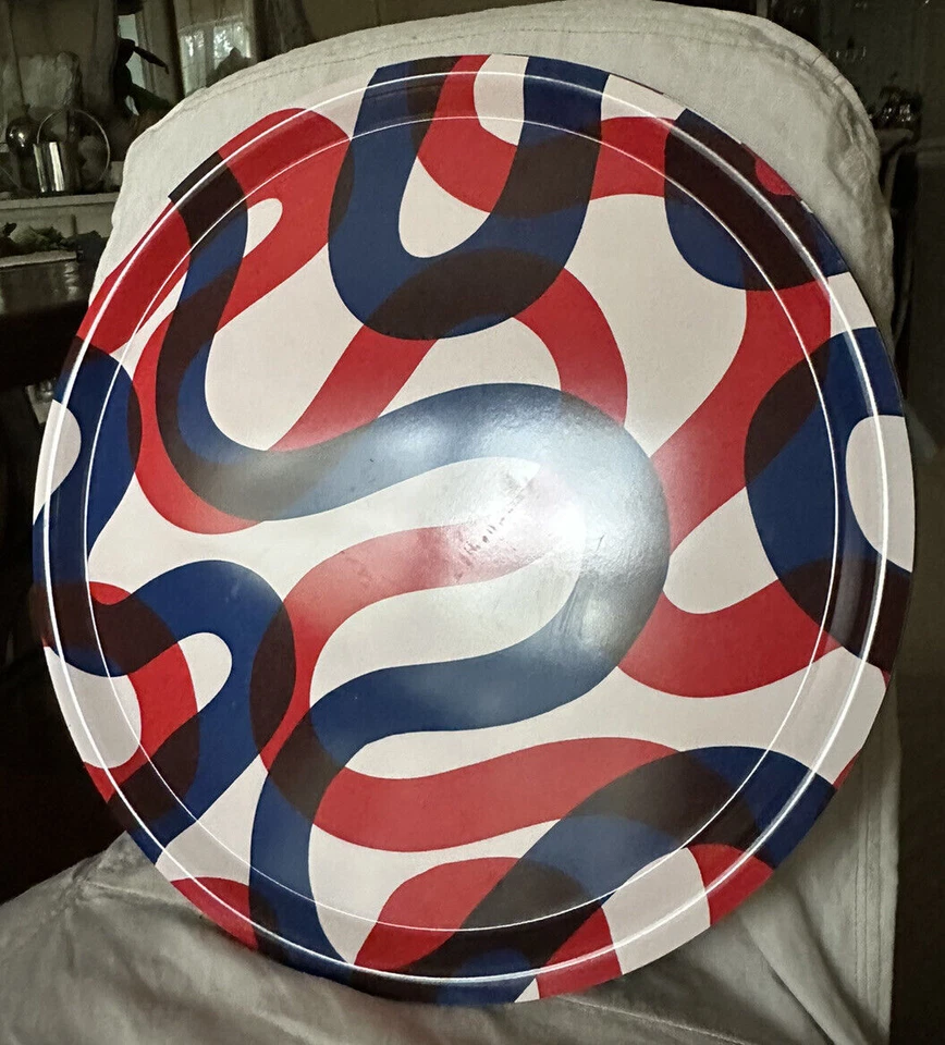 Ikea FRAMKALLA Round Serving Tray, Red/Blue/white 16 7/8" Plastic NEW Waves - Image 3 of 4