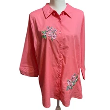 Collections ETC Button Up Embroidered Hummingbird Floral Shirt Pink Size XL Boho