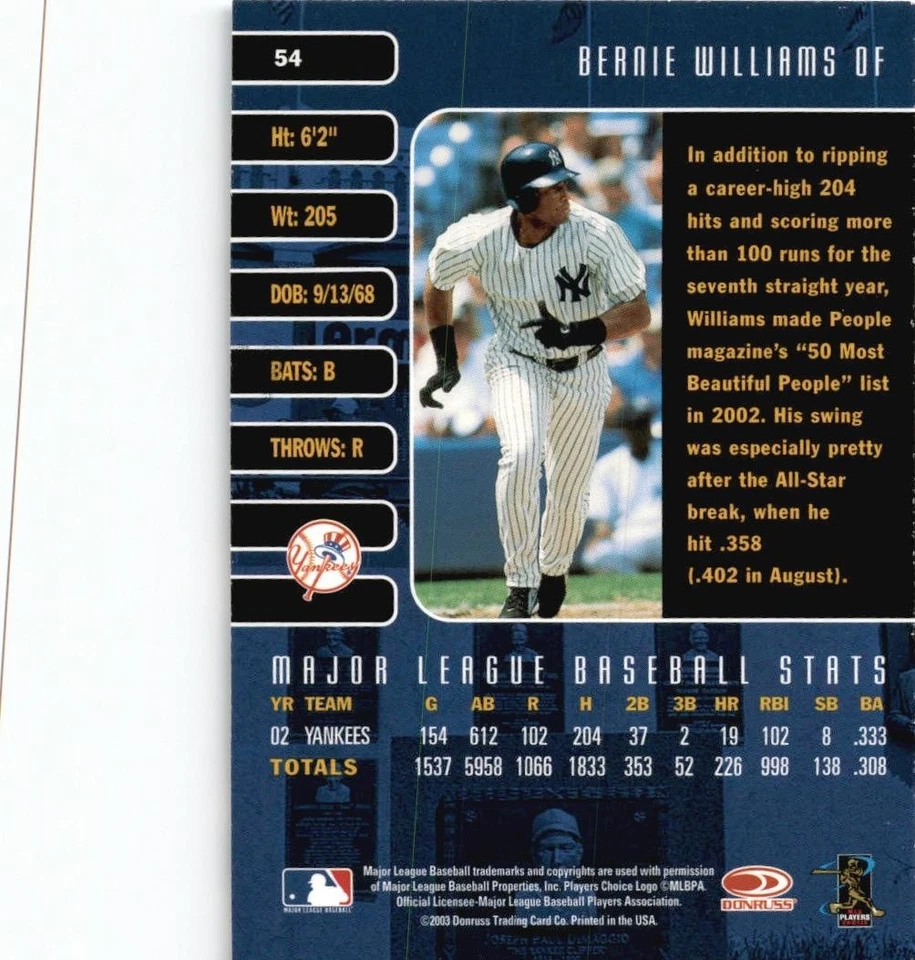 2003 Donruss Studio #54 Bernie Williams GREAT CARD!! - Image 2 of 2