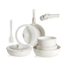 Simple Deluxe 12 Pcs Non-Stick Cookware Set, with Beige Granite Texture and D...