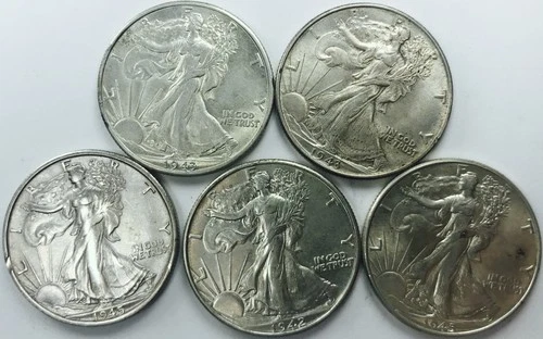 MIXED DATE WALKING LIBERTY HALF DOLLAR LOT! GEM BU+++! 5 TOTAL COINS! NR #P2028