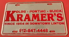 Kramer's Pontiac Olds Buick Dealership Booster License Plate Linton IN