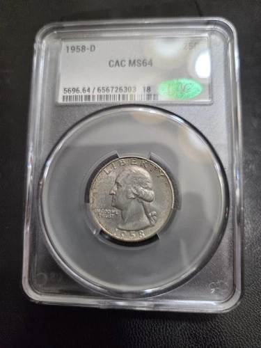1958-D Washington Silver Quarter CAC GRADED MS64 Mint Set Coin Light Toning