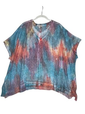 Jess & Jane Womens XL Multicolor Tie-Dye Knit Top V Neck Short Sleeve Made In US