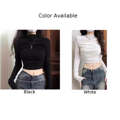 Long Sleeve Womens Basic Crop Tops Featuring a Stylish Half Turtleneck - Picture 4 of 32