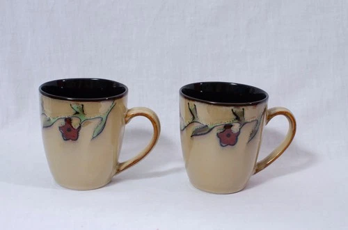 Mikasa Gourmet Basics BRIAR ROSE Set of 2 Coffee Tea Mugs Cups Tan Floral