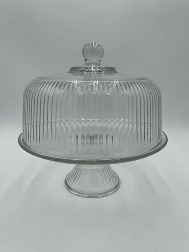 Vintage Anchor Hocking MonacoRibbed Glass 11" Cake Stand w/ Dome
