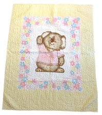 Vtg 1980 Hallmark Baby Quilt Yellow Bear  Multi Color Flowers Yellow Background