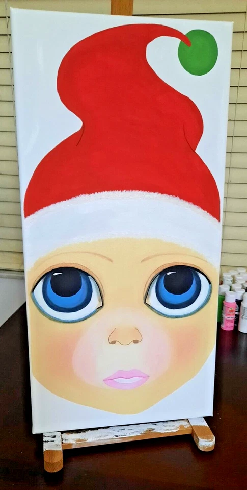 Lindo elfo inspirado en Margaret Keane ojos azules grandes pintura única decoración de pared Foto 4 de 4