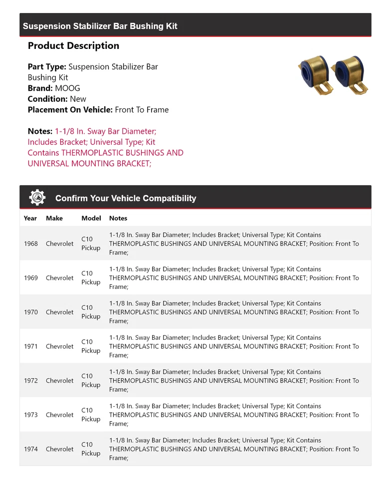 Kit de buje barra estabilizadora suspensión camioneta Chevrolet C10 1968-1974 MOOG Foto 2 de 4