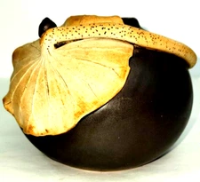 Studio Art Clay Pottery Black with Lily Pad Overlay with Snail 5 1/4"W Signed