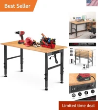48" Adjustable Rubberwood Workbench with  Power Outlet - 2000 LBS Capacity