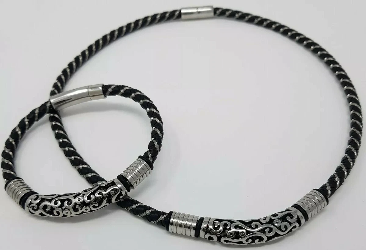 Mens black necklace bracelet set woven leather steel 5 sizes