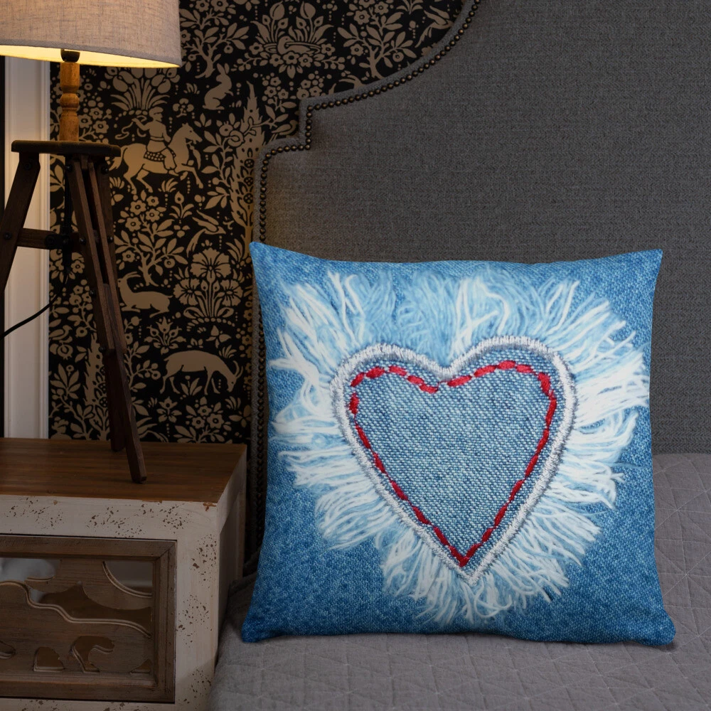 Denim Look Blue Heart Design Home Country Decor Basic Pillow