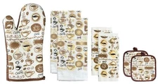 Coffee Design 100% Cotton Printed Kitchen Linen Set of 7, 2 Kitchen Towels, 2 Di
