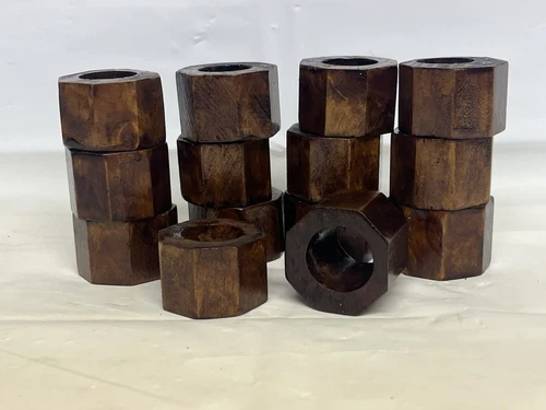 Vintage Set Of 14 Boho Geometric Octagonal Carved Dark Wooden Napkin Rings