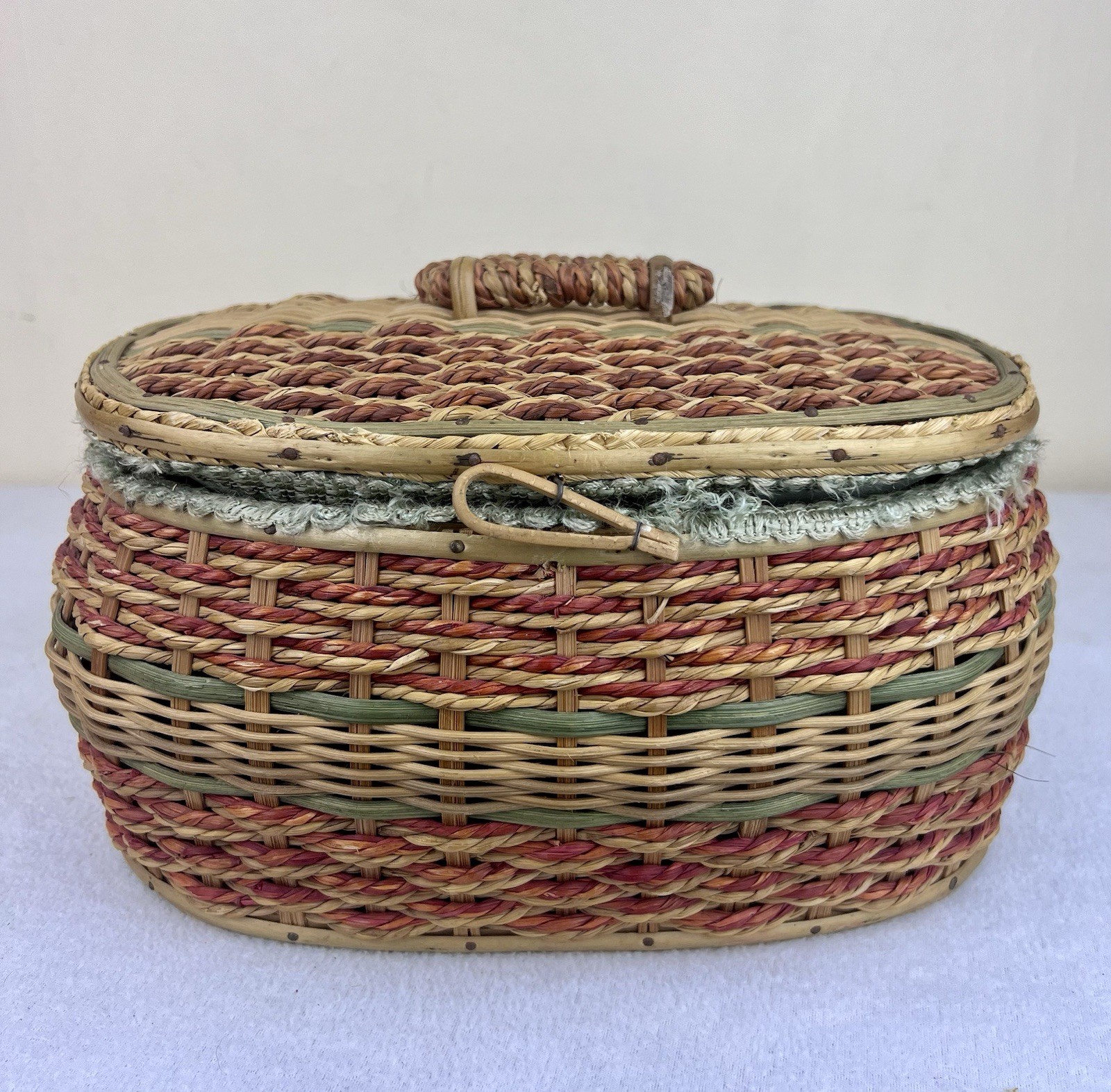 Vintage Sewing Basket Faux Ratan Wicker Sea Foam Green Satin Lining Japan 10.5”