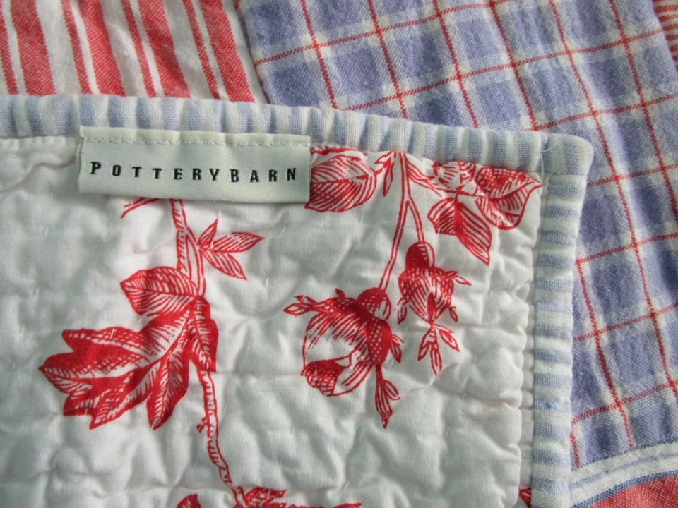 Pottery Barn Plaid Patchwork Red Floral Toile Quilt Full Cotton GUC Holes - Image 2 of 4