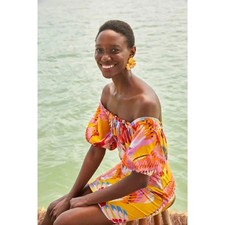 FARM RIO NEON MACKAW OFF THE SHOULDER MINI DRESS MOTHER OF PEARL BUTTON FRONT SM