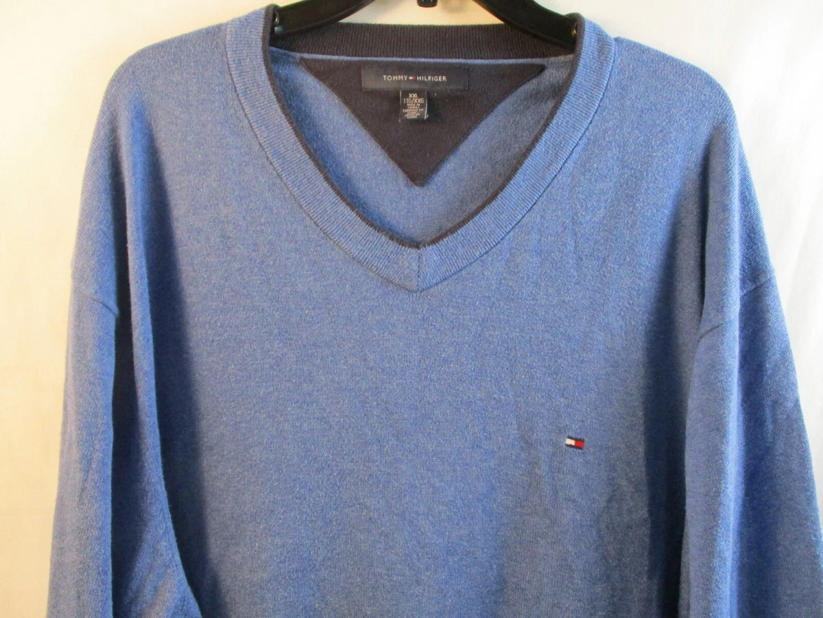 Tommy Hilfiger Mens Sweater XXL 2XL Blue V Neck Pullover Knit 100 Cotton