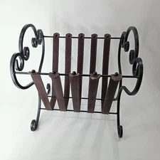 Vintage Wrought Iron & Leather Magazine Rack – 17"x15" – Multi-Purpose Storage