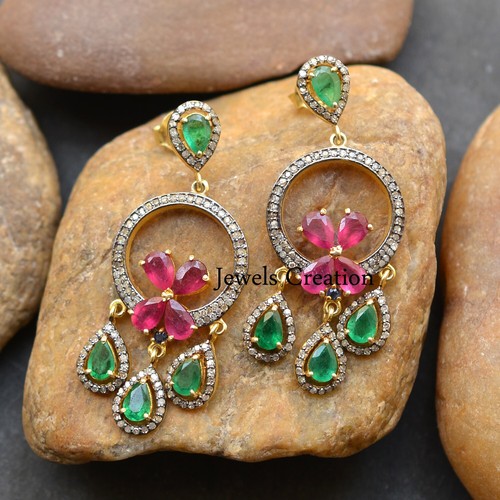 Flower Ruby Emerald Sapphire Gemstone Diamond Pave 925 Silver Earrings Jewelry - Picture 2 of 5