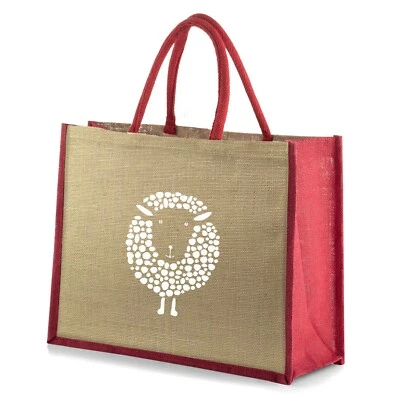 COOCOO Large Jute Hessian Red Trim Shopping Bag Shopper - White Sheep Motif Design