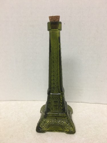 Olive Green Glass Eiffel Tower Bottle Figurine With Cork Stopper 6 1/2" H - Picture 4 of 5