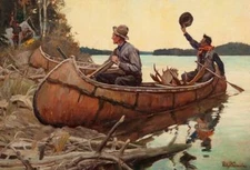 Hunters in Canoe Antlers Waving by Phillip Goodwin