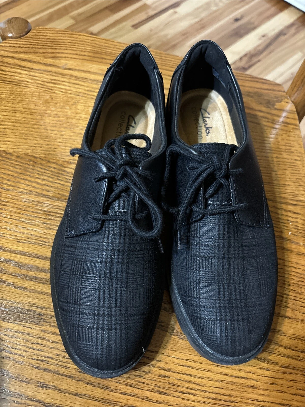 Mocassini Clarks Airabell Tye a quadri con zeppa Oxford da donna taglia 9 neri