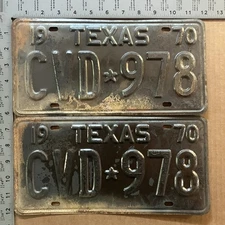 1970 Texas license plate pair CVD 978 YOM DMV Ford Chevy Dodge 20110