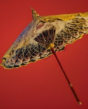 Vintage Handcrafted Decorative Gold Parasol  Lace Mesh  Yarn -Ceremony Umbrella