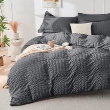 HYMOKEGE Dark Grey Duvet Cover Queen Size, Ultra Soft 3-Piece Seersucker Duve...