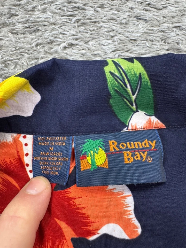 Camisa Hawaiana Roundy Bay Hombres Mediana Azul Marino Floral Trópico Playa Abotonada De Colección Foto 3 de 4