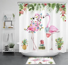 Tropical Plant Pink Christmas Flamingo Shower Curtain Set for Bathroom Decor