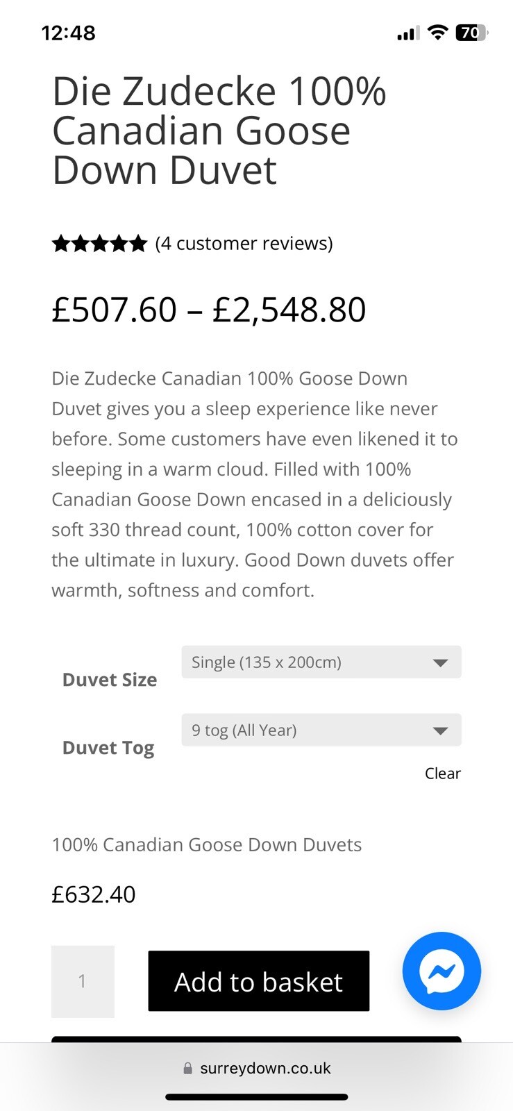 Die Zudecke 9.0 Tog Canadian White Snow Goose Down Duvet Single New