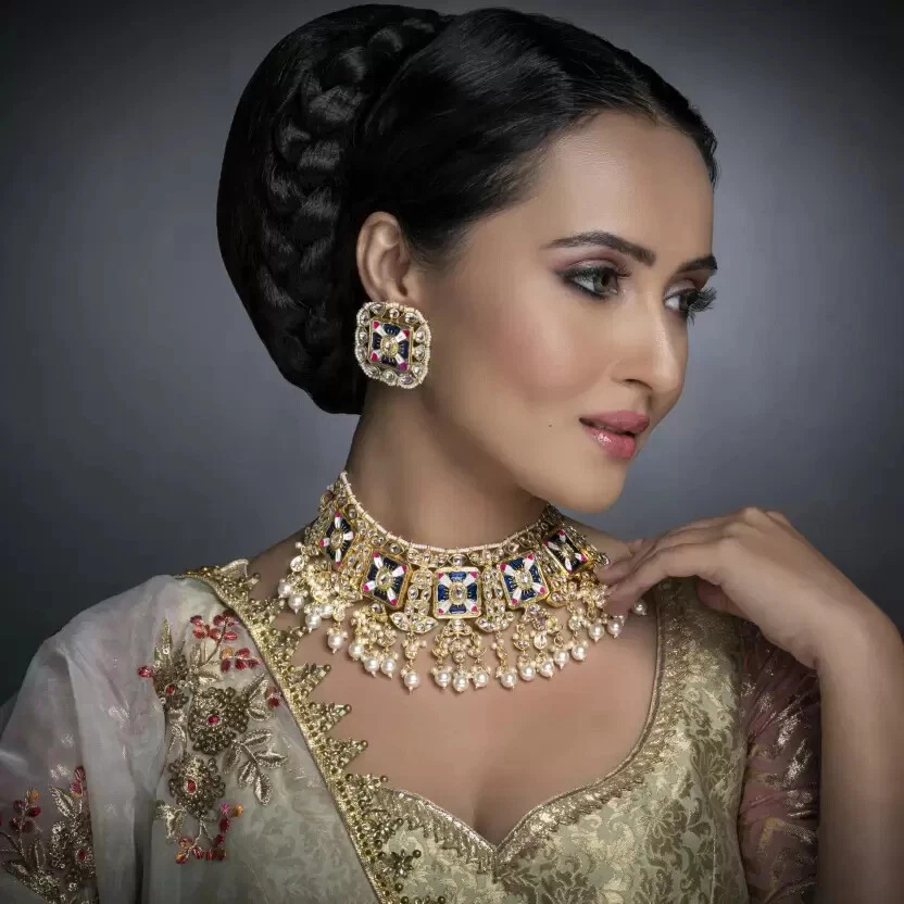 Indischer Bollywood Stil Weiße Perle Kundan Gold Mode Braut Halskette Set Neu