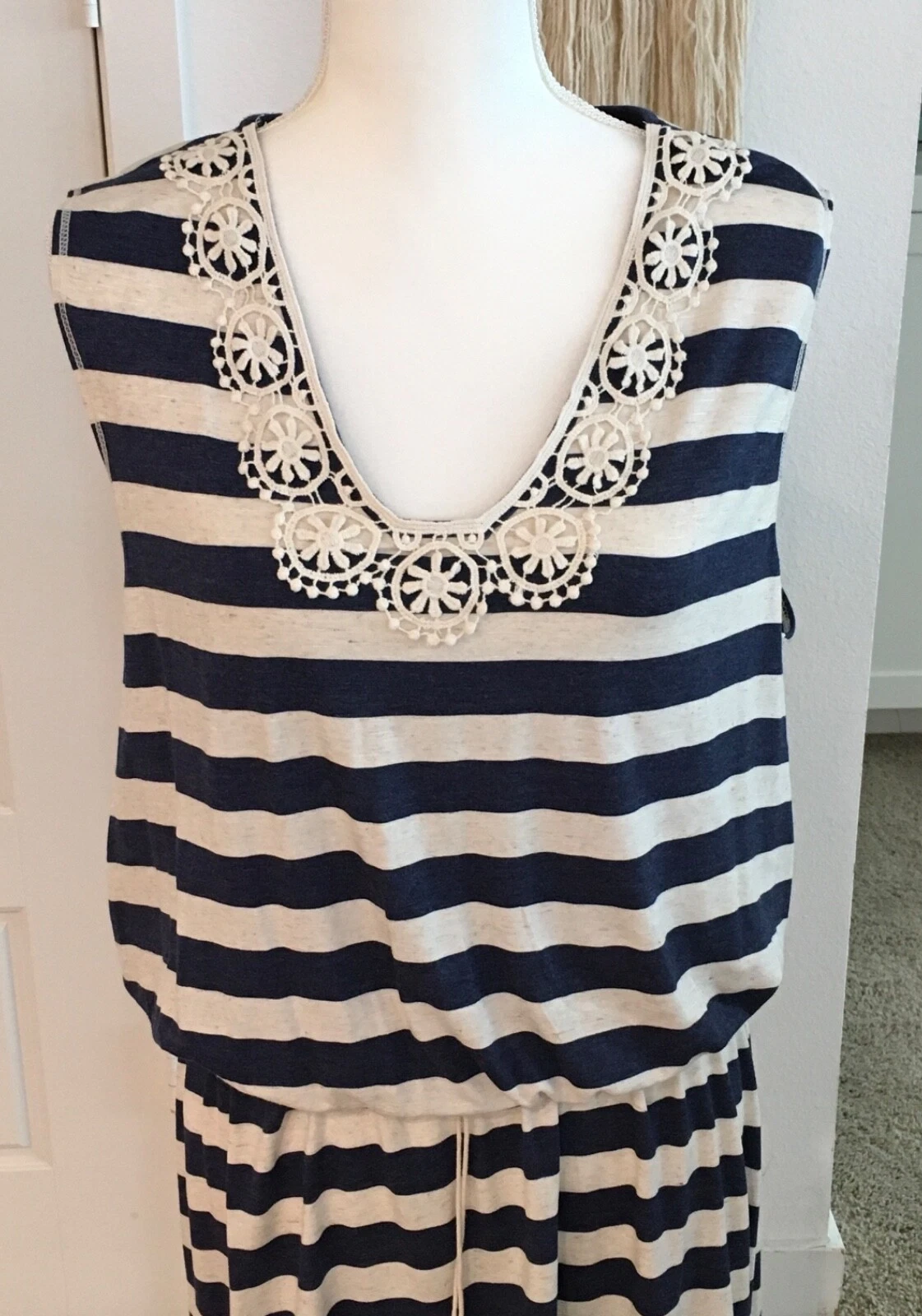 VETEMENTS Abito smanicato donna Max Studio extra large blu navy e panna a righe nuovo con etichetta $98