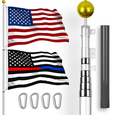25Ft Telescoping Flagpole SV & American and Thin Blue Red Line Flags Spun 3x5 Ft