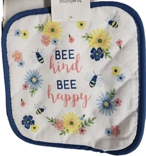 1 Printed Jumbo Printed Pot Holder, 8" x 8",FLOWERS & BEES,BEE KIND,BEE HAPPY,TL