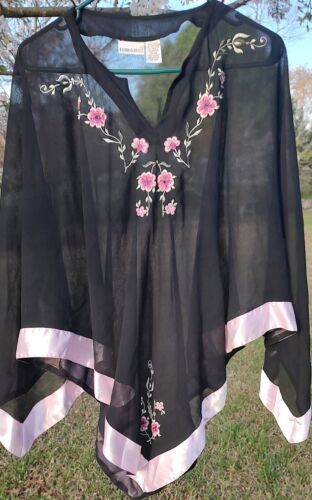  Sheer Black Cape with Pink Trim and Embroidery One Size Fits Most - Picture 1 of 4