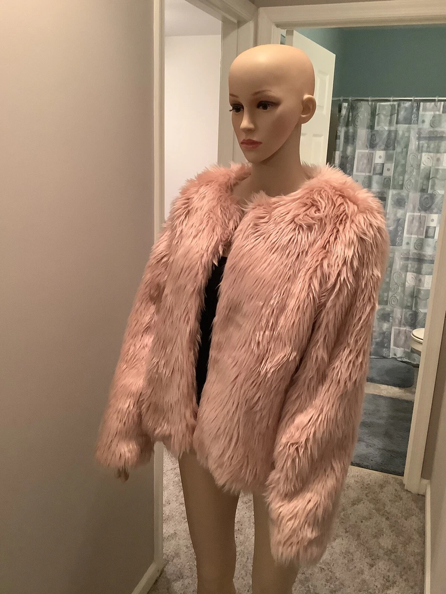 CHELSEA 28 PEACH SHAGGY FAUX FUR GLAM FURRY RAVE CHUBBY JACKET SIZE MEDIUM