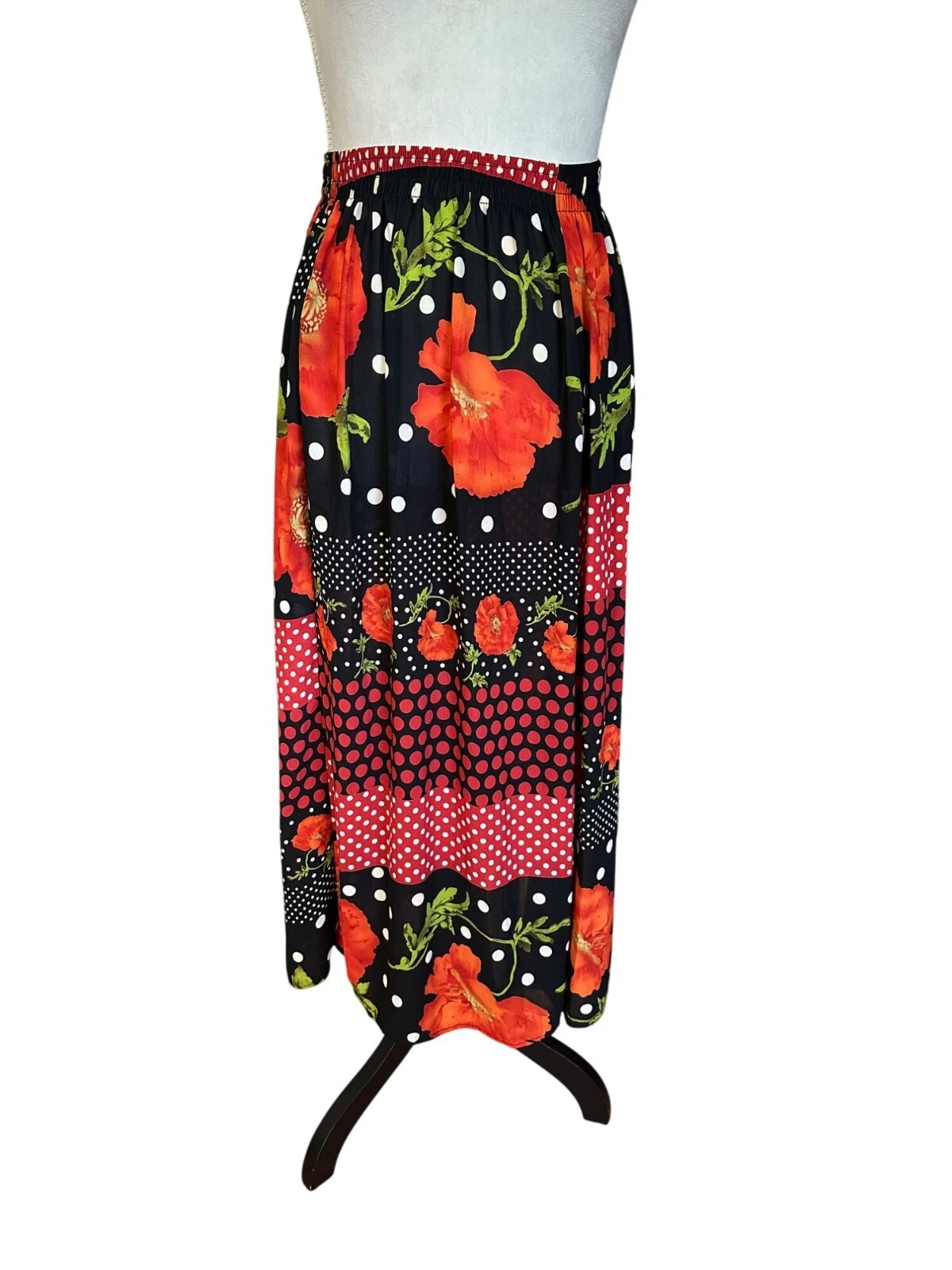 Vintage Womens Floral Polka Dot Midi Skirt Elastic Waist W28" Festive Spring
