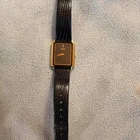 Vintage Seiko Quartz 7410 Tank Style Dress Watch Black Dial Gold Tone Lizard.