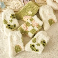 4 Pairs Frog & Dinosaur Socks Cute Fluffy Warm Cozy Women’s Winter Socks