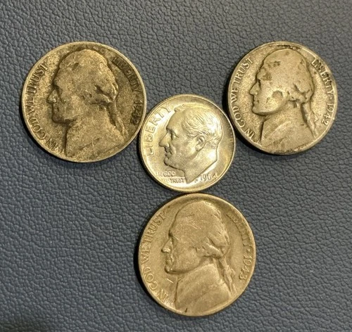 Silver Coins - 1964 P Roosevelt Dime BU + 3 Silver War Nickels - Silver Mix