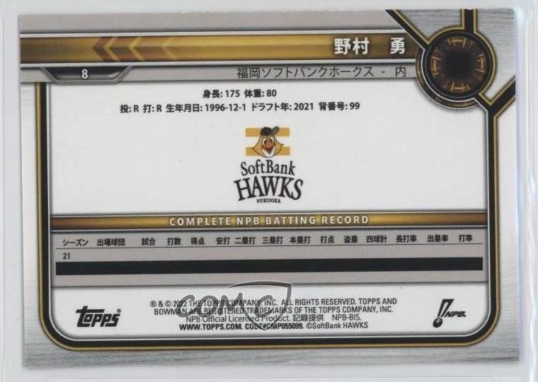 2022 Bowman NPB Nippon Professional Baseball Fuchsia /75 Isami Nomura #8 - Image 2 of 2